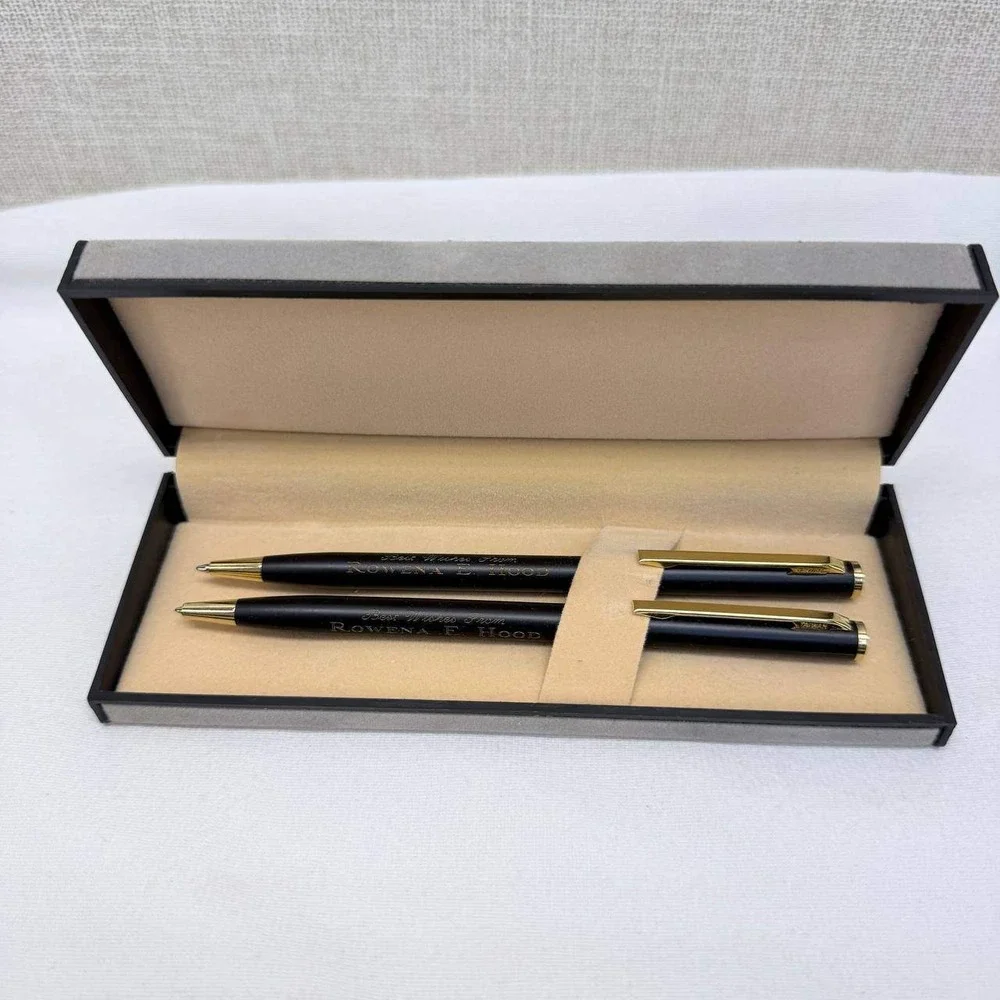 Vintage Personalized Matte Black & Gold Pen and Pencil Set with Case Taiwan